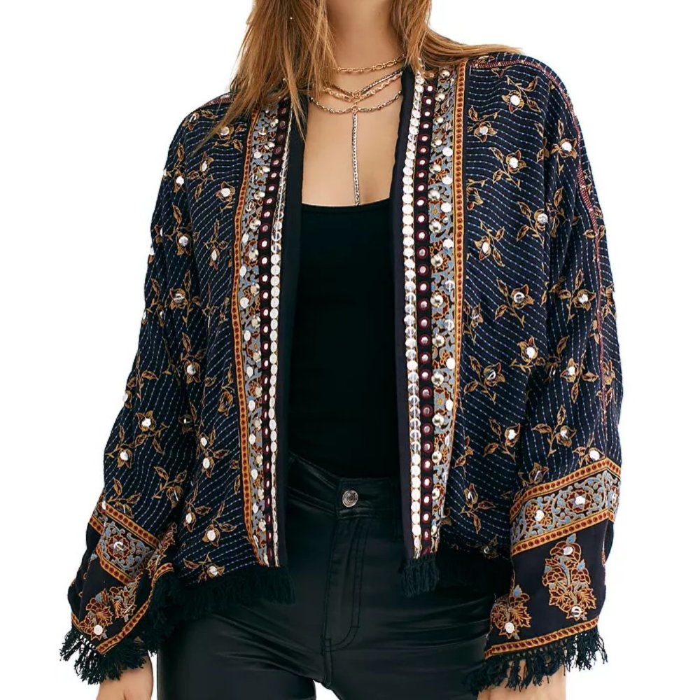 Free People Ray of Light Embellished Fringe Trim Jacket - Black/Blue - L